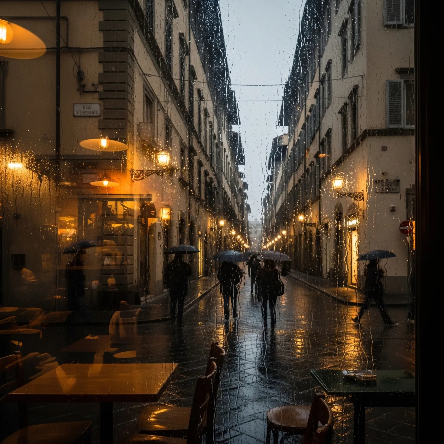View through a rain-streaked café window in Florence, the feeling of observation and disconnection when first moving abroad