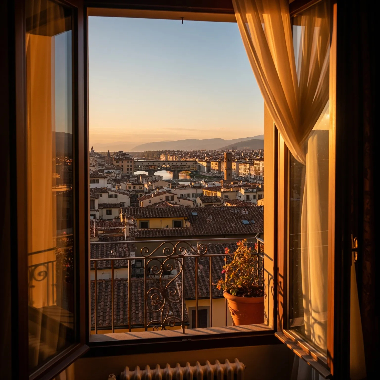 View over the Florence rooftops at sunset, the peaceful feeling of finally being at home