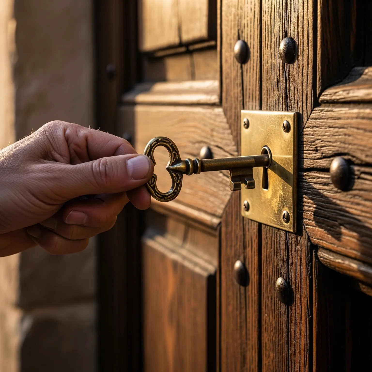 A hand placing a key into a wooden door in Italy, the hopeful moment of finding home abroad