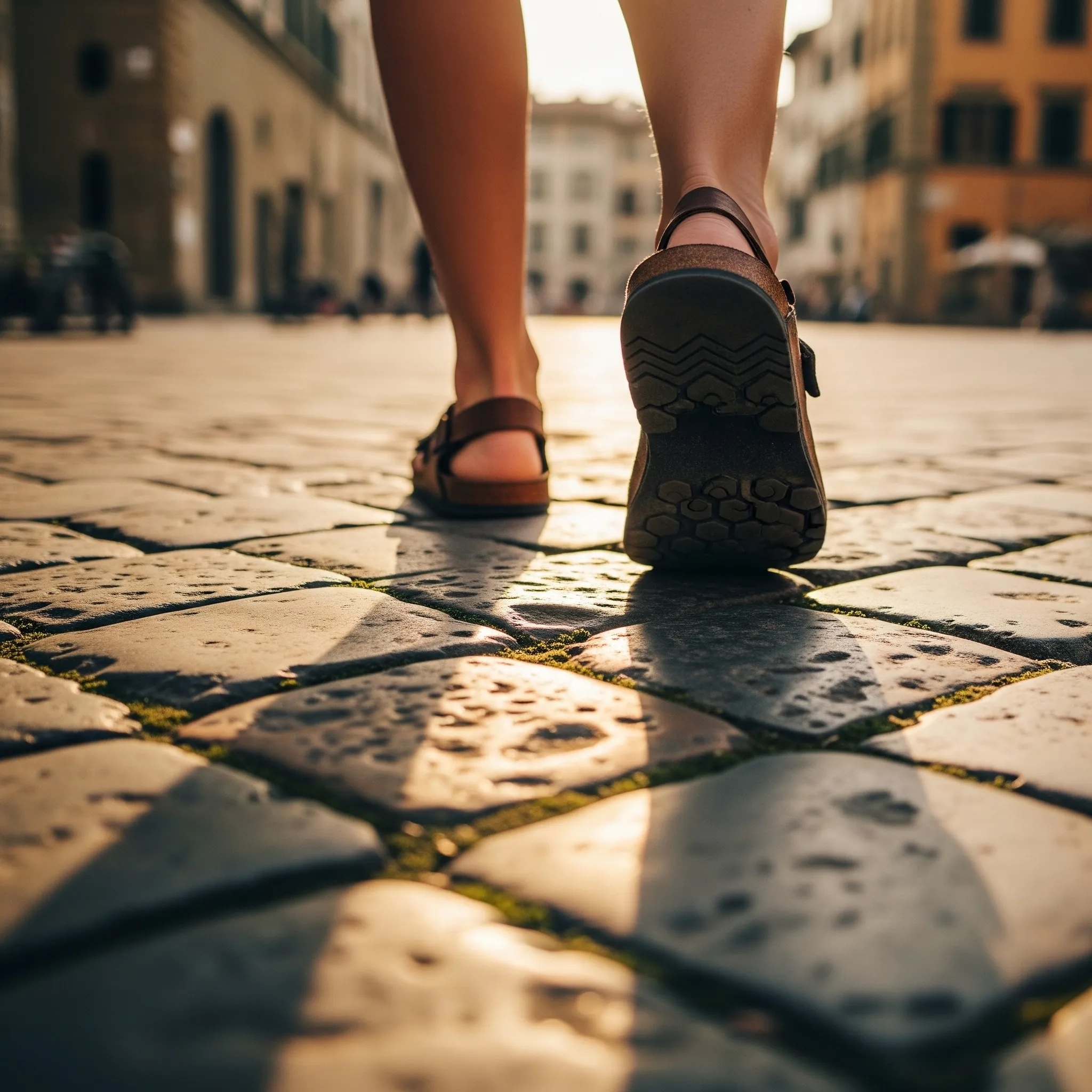 Feet in leather sandals walking on historic Florentine cobblestones, the journey of finding yourself abroad