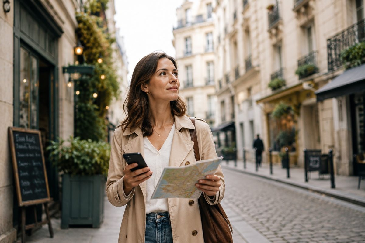 A woman navigating a European city alone, holding a map and phone, looking uncertain