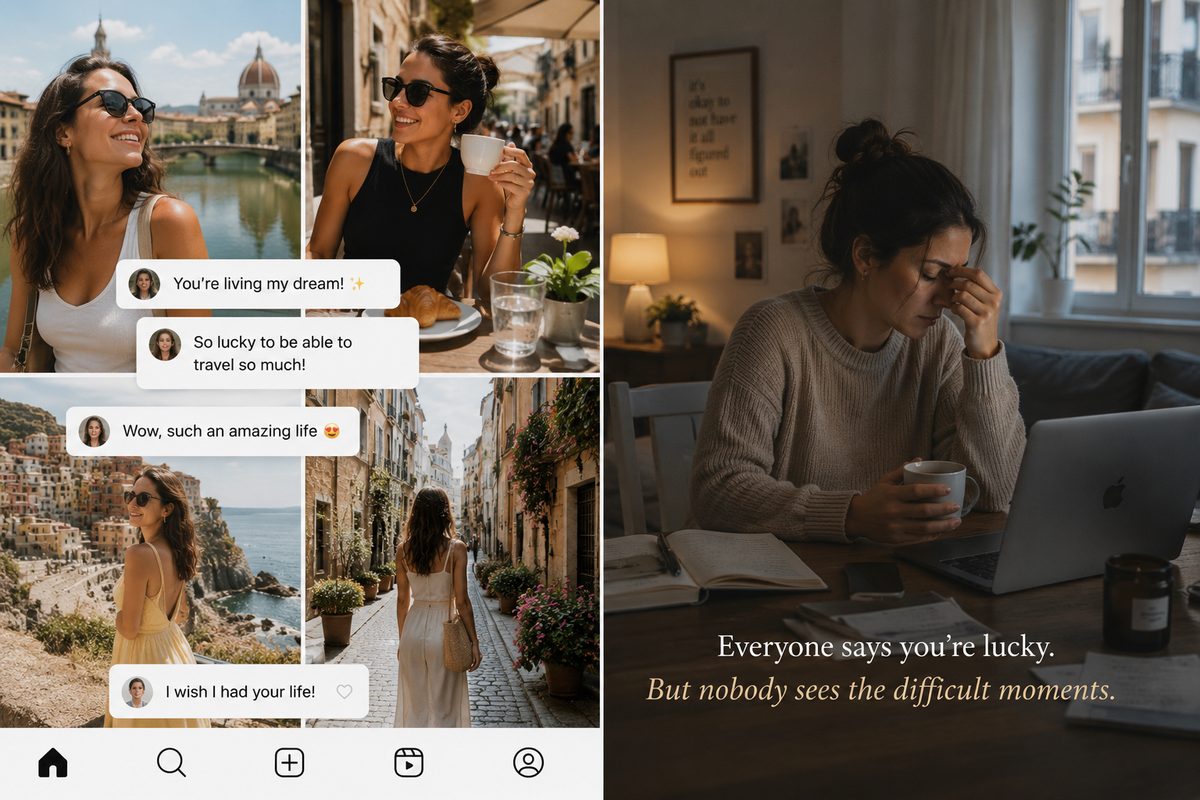 The contrast of expat life: the glamorous social media version versus the reality of difficult, lonely moments behind closed doors